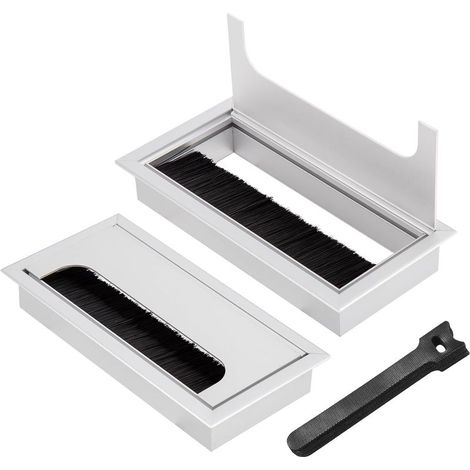 Passe-câble encastrable 160x80mm avec joint brosse – Lot de 2 pièces en aluminium – Organisateur de câbles pour bureau – 10 serre-câbles inclus (1/5)