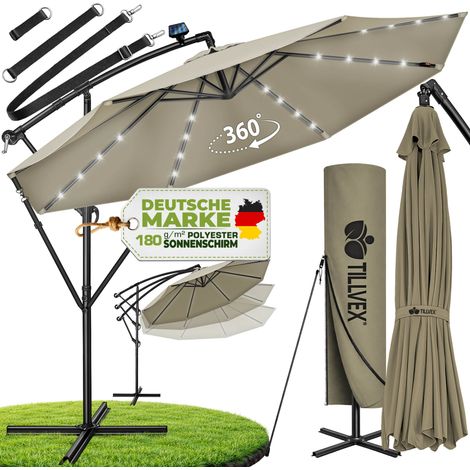 tillvex Alu Ampelschirm Braun LED Solar Ø 350 cm mit Kurbel Sonnenschirm mit An-/Ausschalter Gartenschirm UV-Schutz Aluminium Kurbelschirm mit Ständer Marktschirm wasserdicht