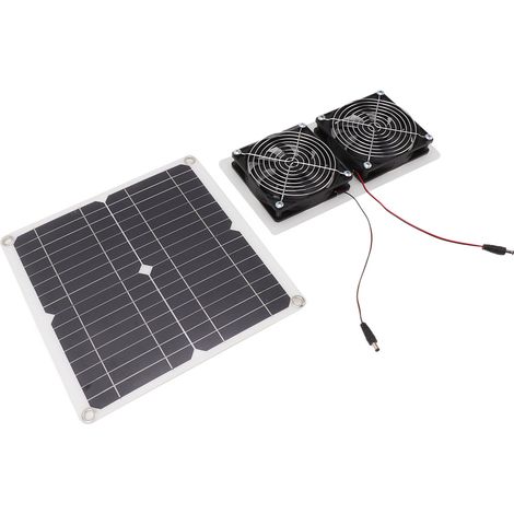 Kit de ventilateur solaire 15 W, double ventilateur résistant aux intempéries avec rallonge de 130 cm pour petits poulaillers et serres extérieures (1/5)