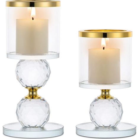 Support pour Bougies Piliers en Cristal, 2 Chandelier Bougeoir en Verre Transparent, Moderne Candélabre Photophore pour Table Deco Salon Noel Maison Cadeaux de Mariage, Or (1/5)