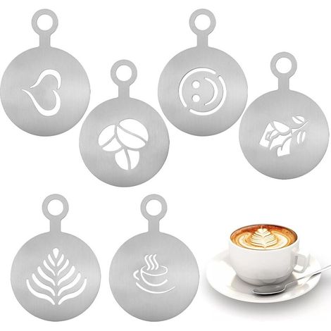 Lot de 6 Pochoirs à Café En Acier Inoxydable Réutilisable, Pochoirs Latte Art Moule, Pochoir Cappuccino pour Latte, Cappuccino, Décoration De Gâteaux, Modèles D'Art DIY (1/5)