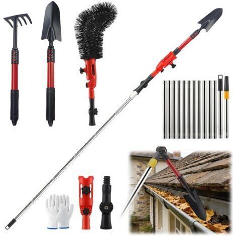 Nettoyeur de gouttières avec manche télescopique, 4 m, kit de nettoyage de gouttière 3 en 1, avec tête pivotante à 180°, pelle et brosse de gouttière, nettoyant pour gouttières
