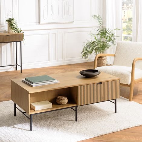 SCOTT - Table basse 2 tiroirs bois décor effet rainuré noir/naturel (1/5)