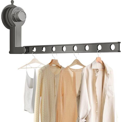 Étendoir Mural avec ventouse, Sechoir a Linge Pliable Mural, Support de Séchage à Ventouses, Étagère à Linge Mural en Aluminium pour Chambre à Coucher, Salle de Bain, Buanderie, 8 Trous (gris) (1/5)