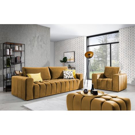 Ensemble 1 canapé convertible + 1 fauteuil + 1 pouf capitonné LARKO velours-Jaune chamoix (1/5)