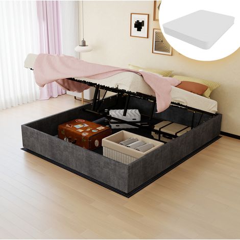 Letto matrimoniale 160x200 cm grigio con contenitore a pistoni, tessuto e metallo, con materasso (1/5)