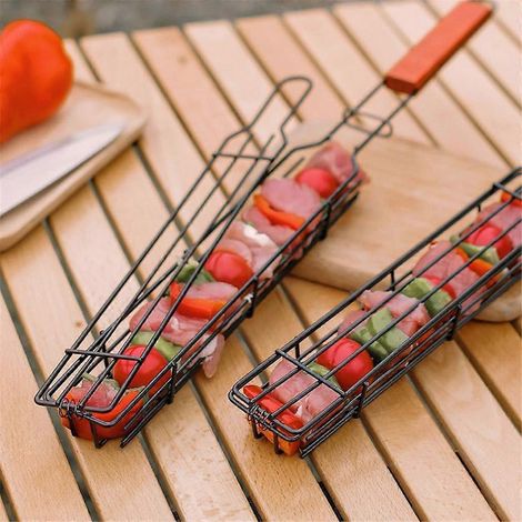 Grille en acier inoxydable, cage de grille, poignée en bois, pince pour barbecue, grille en fer (1/5)