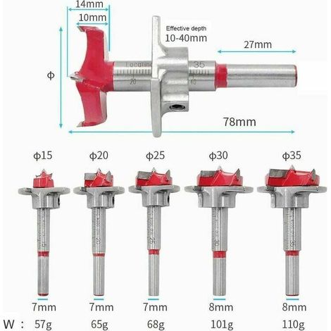Wood Drill Bit, 5pcs(1535mm) Adjustable Positioning Wood Countersink Bit Set, Carbide Hole Saw with Depth Stop (Depth Range 1040mm) MUMU (1/4)