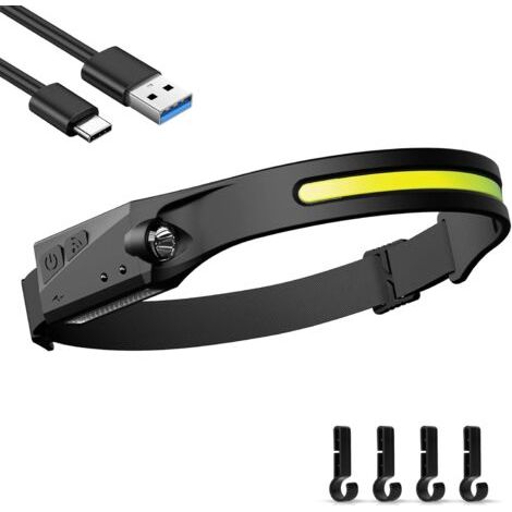 Lampe Frontale LED Rechargeable USB, Lampe Torche Frontale Puissante LEDs, Lampe Frontale COB de Camping Étanche avec Mode Capteur Sensible pour Randonnée Cyclisme Promener Chien Pêch (1/4)