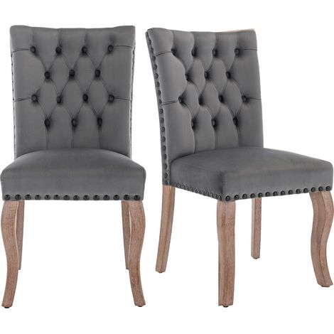 Chaise de salle à manger en bois massif avec revêtement en velours gris et décor clous cuivre (lot de 2) (1/5)