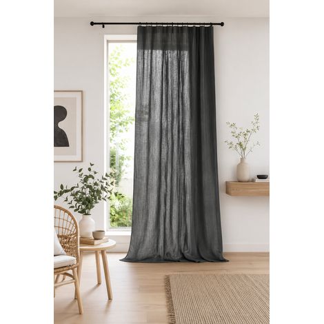 Rideau Ajustable Double Gaze de Coton 140 x 300 cm avec 8 Anneaux Pince GAÏA Granit – Hauteur Modulable