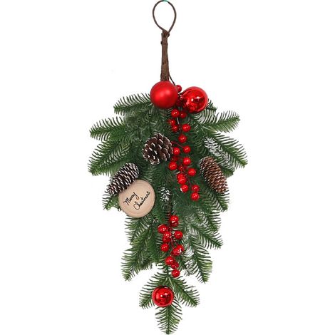 Corona navideña artificial de 54 cm con forma de lágrima, piñas y frutos rojos para decorar fiestas en casa o en la oficina. (1/3)