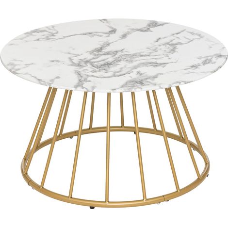 Table basse, Table de salon en verre trempé effet marbre coloris Blanc, noir et fer coloris doré - diamètre 70 x Hauteur 40 cm (1/5)