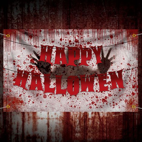 Bannière d Halloween, bannière de décoration de citrouille, drapeau suspendu décoratif d atmosphère festive d empreinte de main de police de sang d Halloween 180 × 110CM (1/4)