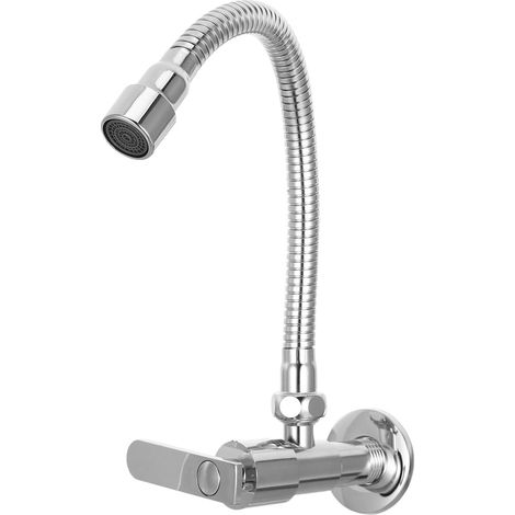 Robinet Flexible Cuisine en Acier Inoxydable Mural Rotation 360° Levier Unique Finition Argentée Solide pour Petits Espaces et Buanderies (1/5)