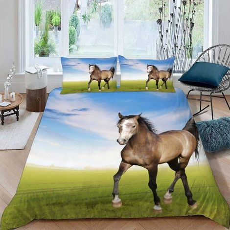 Parure de Lit Cheval 240x260 cm 2 Personnes 3 Pièces Ultra Doux 3D Galop Cheval Housse de Couette en Microfibre - 74L (1/5)