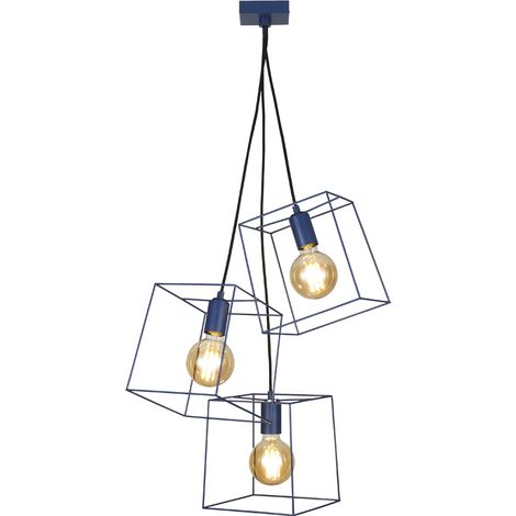 Litecraft Nico Ceiling Pendant 3 Light With Cube Wire Frame Shades - Navy Blue (1/5)