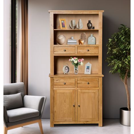 Hallowood Furniture Waverly Small Display Cabinet, Solid Wooden Dresser, Sideboard with Top, Light Oak Display Cabinet with 4 Drawers and Storage Cupboard for Kitchen and Living Room (1/5)