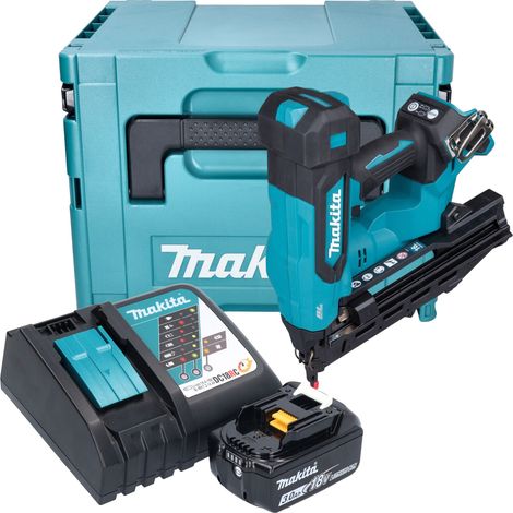 Clavadora de cabeza plana con batería Makita DBN 610 RF1J 18 V 32 - 64 mm sin escobillas + 1 batería de 3,0 Ah + cargador + Makpac