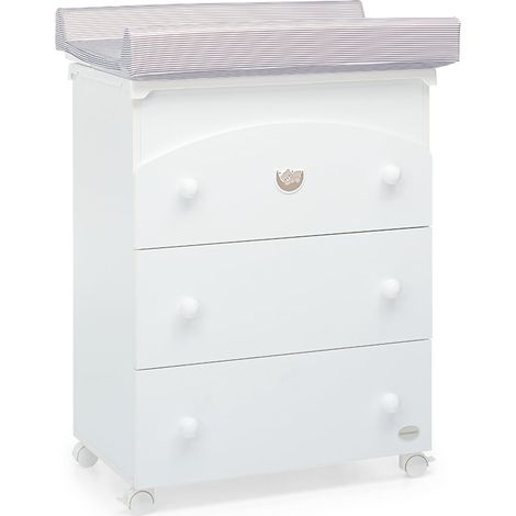 Foppapedretti Bagnetto Fasciatoio Mybear, Made in Italy, Legno di faggio, 3 cassetti, Vaschetta anatomica estraibile, 4 ruote 2 con freno, 94x78x56 cm, Bianco (1/5)