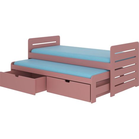 Lit gigogne rose 2 couchages 90x200 avec 2 coffres de rangement Balina (1/5)
