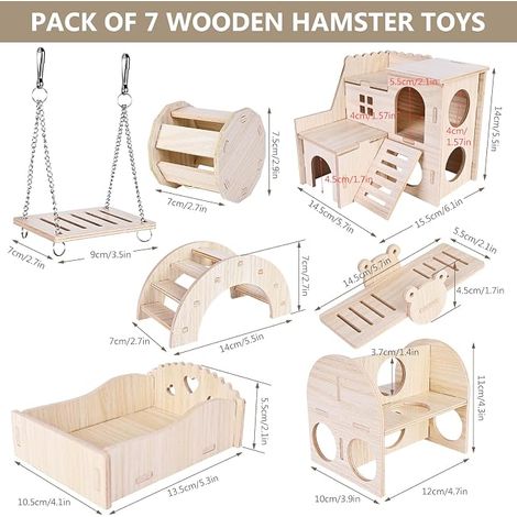 Hamster Toys Set Hamster Toys Hamster Accessories Wooden Guinea Pig Chew Toy Hamster Wheel Swing House Gerbils Rats Dwarf Hamsters Chinchillas (1/4)