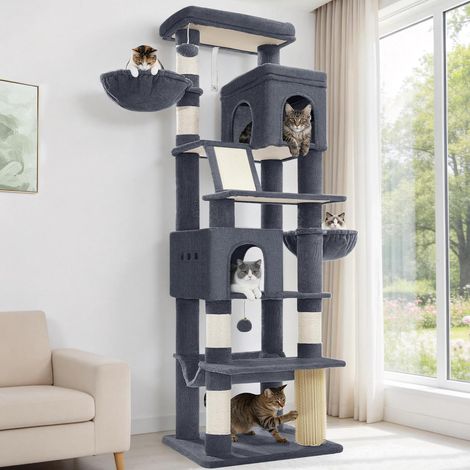 Arbre à Chat, XXL, 213 cm Haut, 2 Plateformes, 2 Niches, 5 Griffoir, Un Panier pour Chat, Un Hamac. Convient à Toutes Les Races de Chats, Notamment Le Maine Coon, Gris Foncé