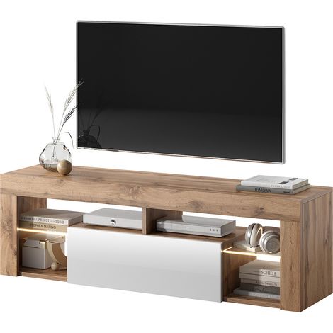 Selsey Bianko - Mueble TV - para la sala de estar - 140 cm de ancho - roble lancaster / blanco brillo - con iluminación LED - moderno