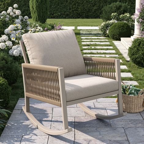 Sillón mecedor de exterior, en metal y cuerda trenzada, con cojín, estructura resistente a la intemperie, beige (1/5)