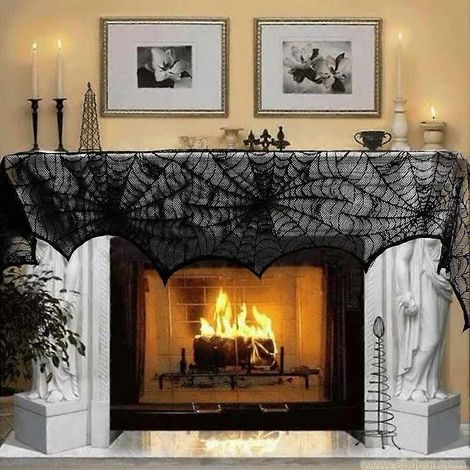 Décoration d'Halloween : Couvre-cheminée en dentelle noire à motif toile d'araignée, 45 x 243 cm (18 x 96 pouces), accessoire festif pour les fêtes. (1/5)
