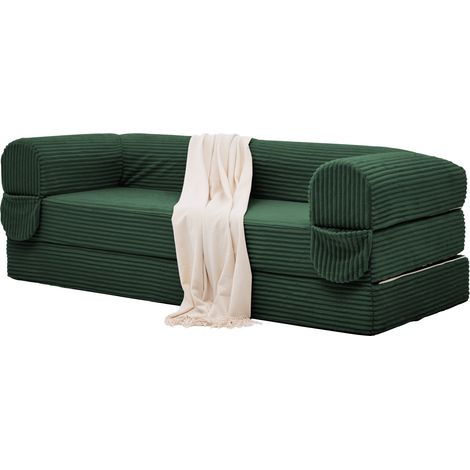 Canapé convertible 2 places en velours côtelé vert, sofa lit gain de place pour petit salon, studio, bureau et chambre d'amis, design au sol – CHICFURN (1/5)