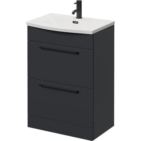 Napoli 390 Gloss Grey 600mm 2 Drawer Vanity Unit with Arc Basin - 600mm - Matt Black 320mm Handle