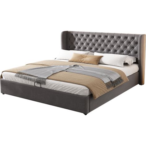 Lit coffre capitonné 180x200 en velours gris, style Chesterfield avec tête de lit oreilles, rangement hydraulique et sommier inclus - CHICFURN (1/5)