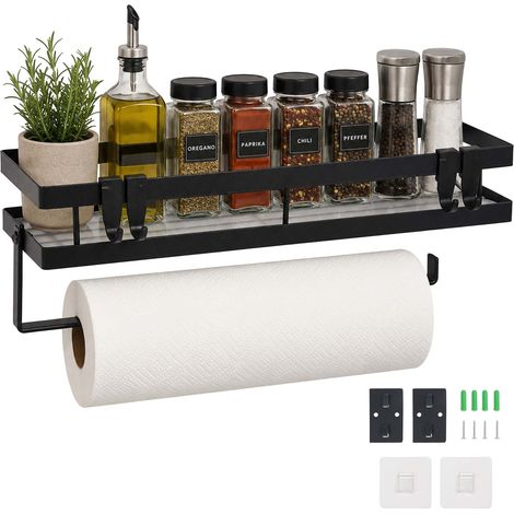 Relaxdays estante pared para especias sin taladrar, portarrollos 30 cm, 4 ganchos, organizador cocina/baño, metal negro (1/5)