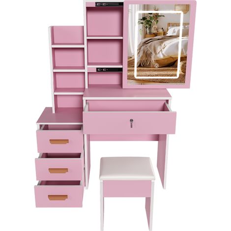 Tocador con espejo y luces LED, taburete acolchado, 4 cajones, MDF, rosa, 85 x 130 x 36 cm (1/4)