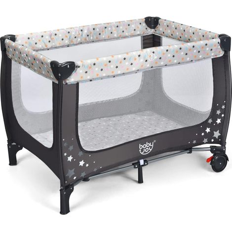 COSTWAY Cuna Multifuncional para Niños/Parque Portátil Plegable para Niños con 2 Ruedas/Centro Actividad Resistente y Duradero Tejido Oxford y Red Transpirable (Gris)