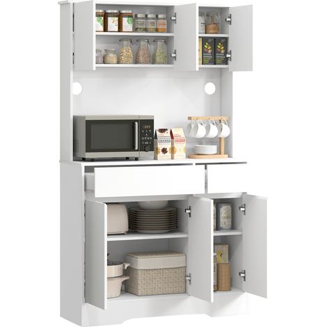 Credenza da Cucina Moderna con 4 Armadietti, 2 Cassetti e Ripiani Regolabili, 100x38x180 cm, Bianco