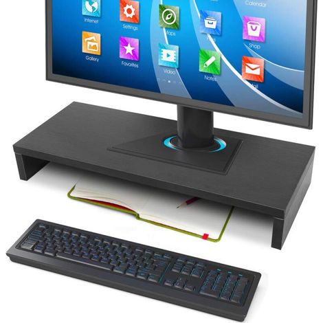 Support pour écran de bureau, moderne en bois pour écran PC, TV, ordinateur portable, étagère d'affichage (noir) (1/5)
