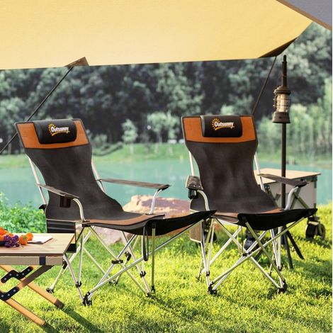 Chaise de camping pliante en métal orange, avec repose-pieds amovible et porte-gobelet (1/5)
