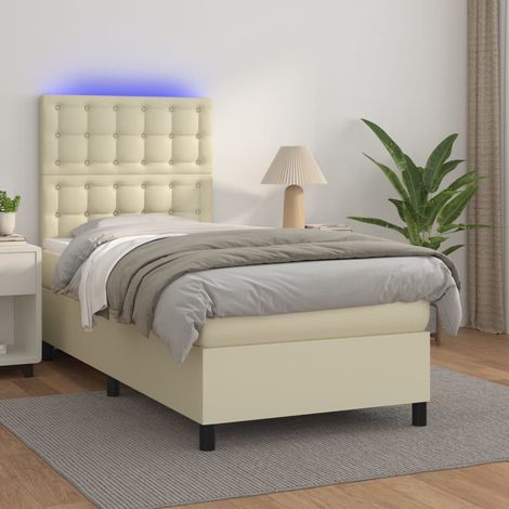 Cama box spring y colchón LED cuero sintético crema 90x200 cm