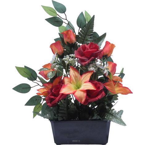 Jardinière fleurs Rose, Bouton de rose, Lys tigré et Ficus Rouge artificiels pour la Toussaint - couleur: Rouge