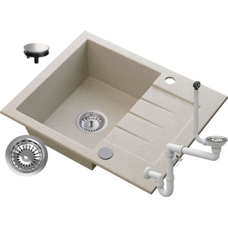 Évier en granit beige avec égouttoir et siphon manuel Granitan Tinos - 1 bac - 574x470 mm (1/5)