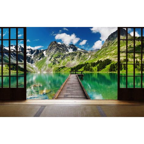 Tableau trompe l'œil amarrage lac montagne 80x50 cm – Impression UVgel haute définition – Finition toile intissé premium – Hxadeco (1/5)