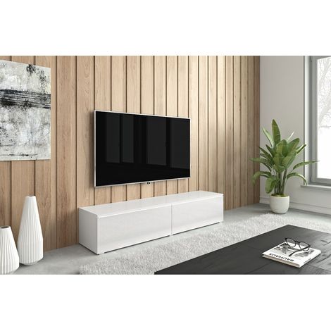 Bratex – Meuble TV Lowboard 140 cm – Éclairage LED intégré – Finition blanc brillant – Panneau stratifié 15 mm – Accroché au mur ou posé au sol