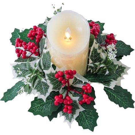 Anneau bougie verdure + baies rouges – centre de table, printemps-été, pièce maîtresse