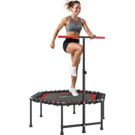 Trampoline de fitness 114 cm, cordes élastiques, poignée réglable 3 positions, trampoline d'exercice silencieux, rouge (1/5)