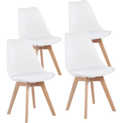 4 Chaises Tulipes Salle à Manger Scandinaves Bm Home Salle de Bureau, Pieds en Bois de Hêtre Massif, BLANCHES