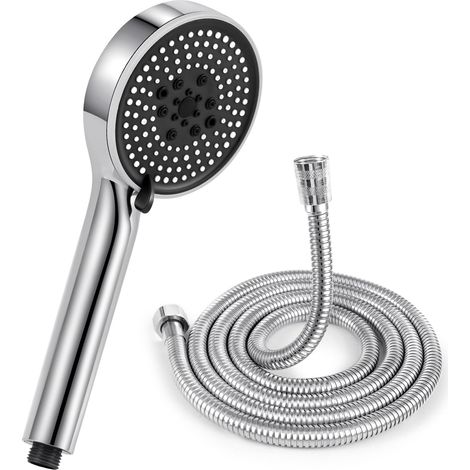 Duschkopf mit 1,5 m langem Schlauch, Badezimmer-Duschkopf mit Regeneffekt und 5 Strahlarten, Duschkopf mit hohem Kalkschutz (Silber)