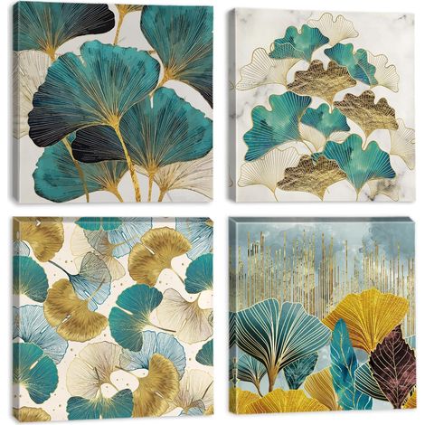 4 Pièces Impression sur Toile - Feuilles de Ginkgo Impression sur Toile Décoration Murale pour Chambre Peintures à l'huile pour Maison Bain Salon Chambre Restaurant 30x30cm (1/5)