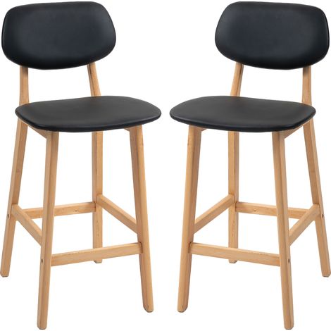 Set aus 2 hohen Barhockern mit Rückenlehne, schwarzem Kunstlederbezug und Holzbeinen